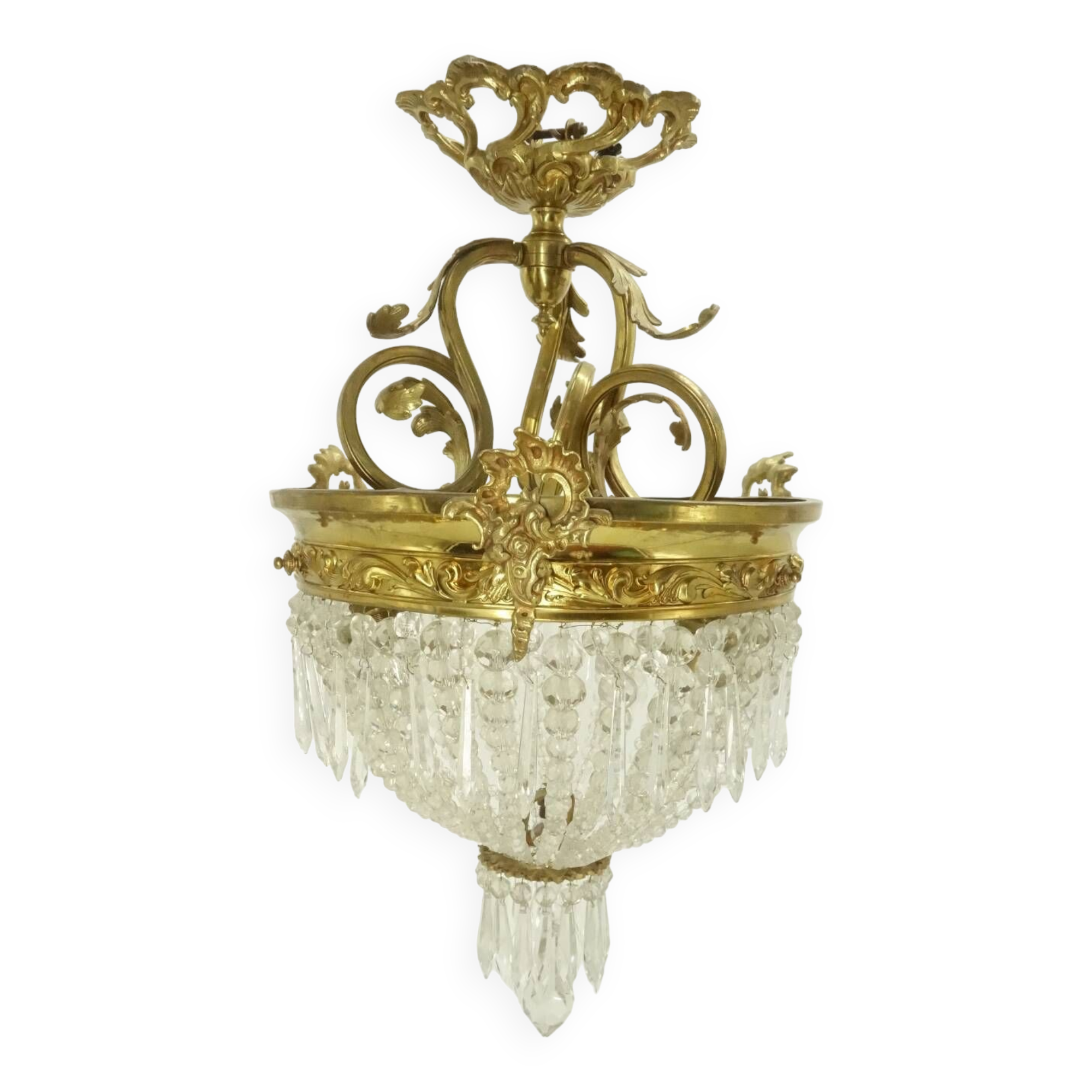 Lustre corbeille 3 feux aux pampilles, style Rocaille / Rococo ...