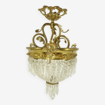 3-light basket chandelier with pendants, Rocaille / Rococo / Baroque style, early 1900
