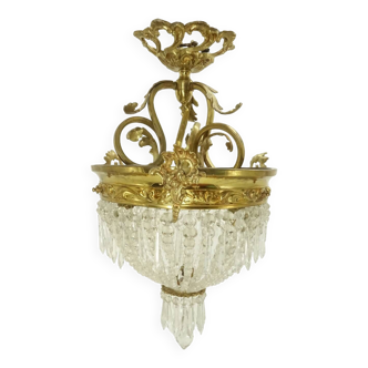 Lustre corbeille 3 feux aux pampilles, style Rocaille / Rococo / Baroque, début 1900