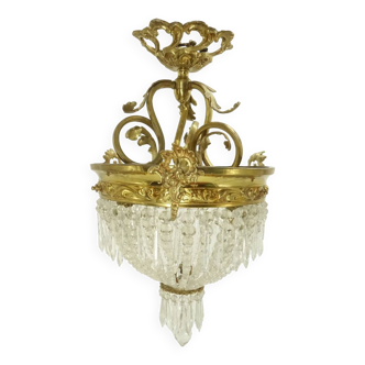 3-light basket chandelier with pendants, Rocaille / Rococo / Baroque style, early 1900