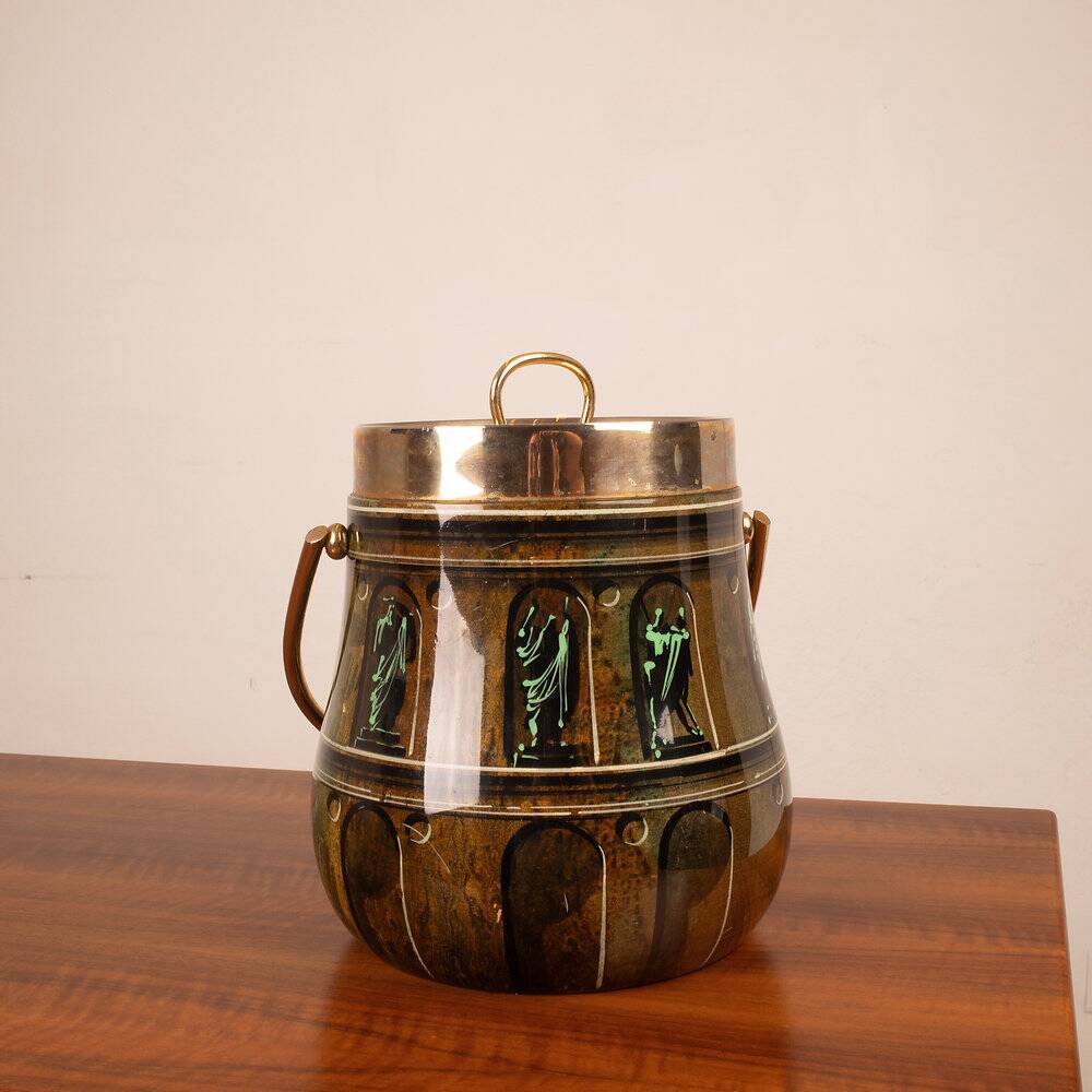Parchment ice bucket model 935D with Fornasetti decoration by Aldo Tura, 1950