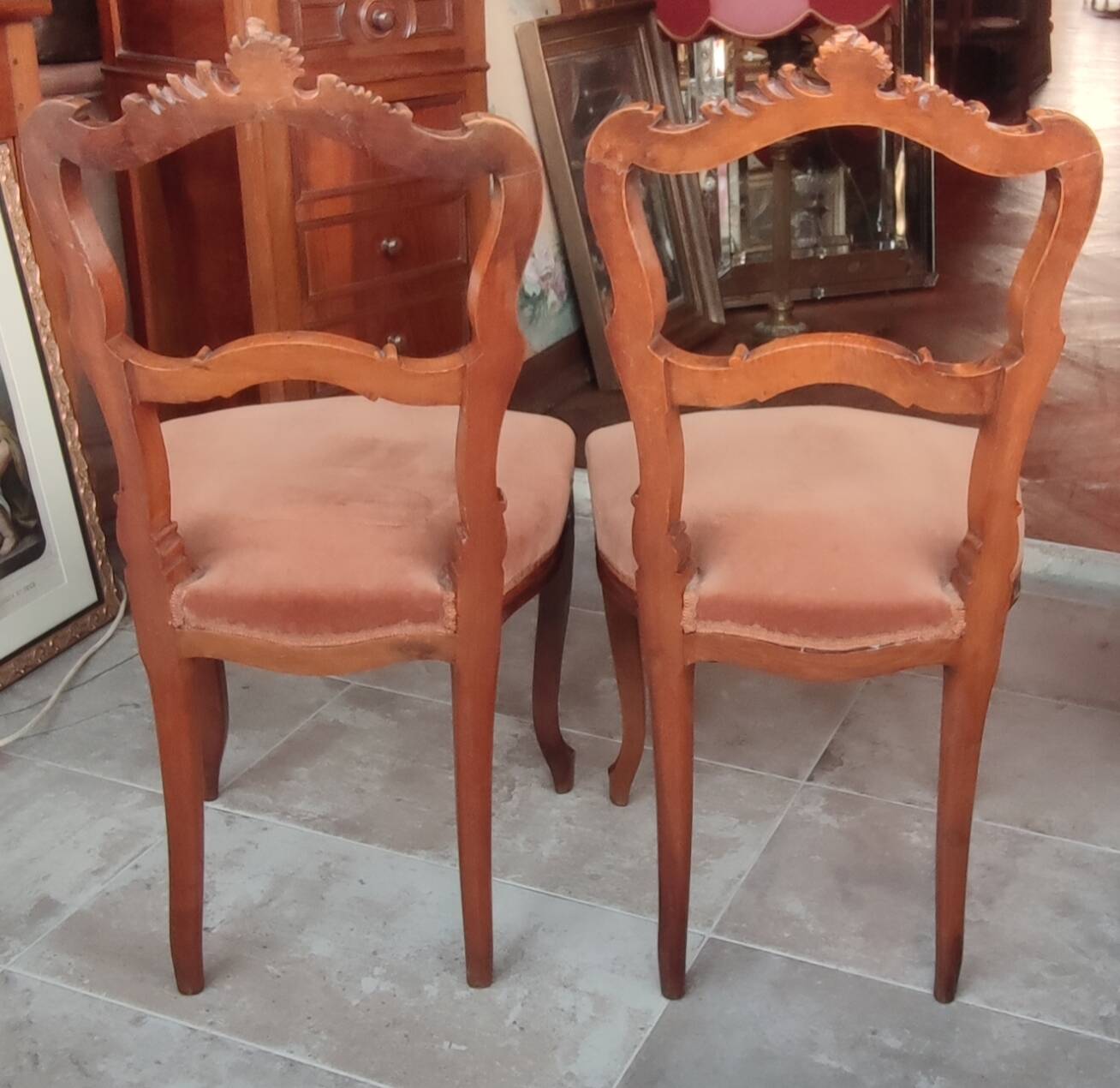 Pair of Old Rockery Chairs with Velvet/Carved Wood Seats