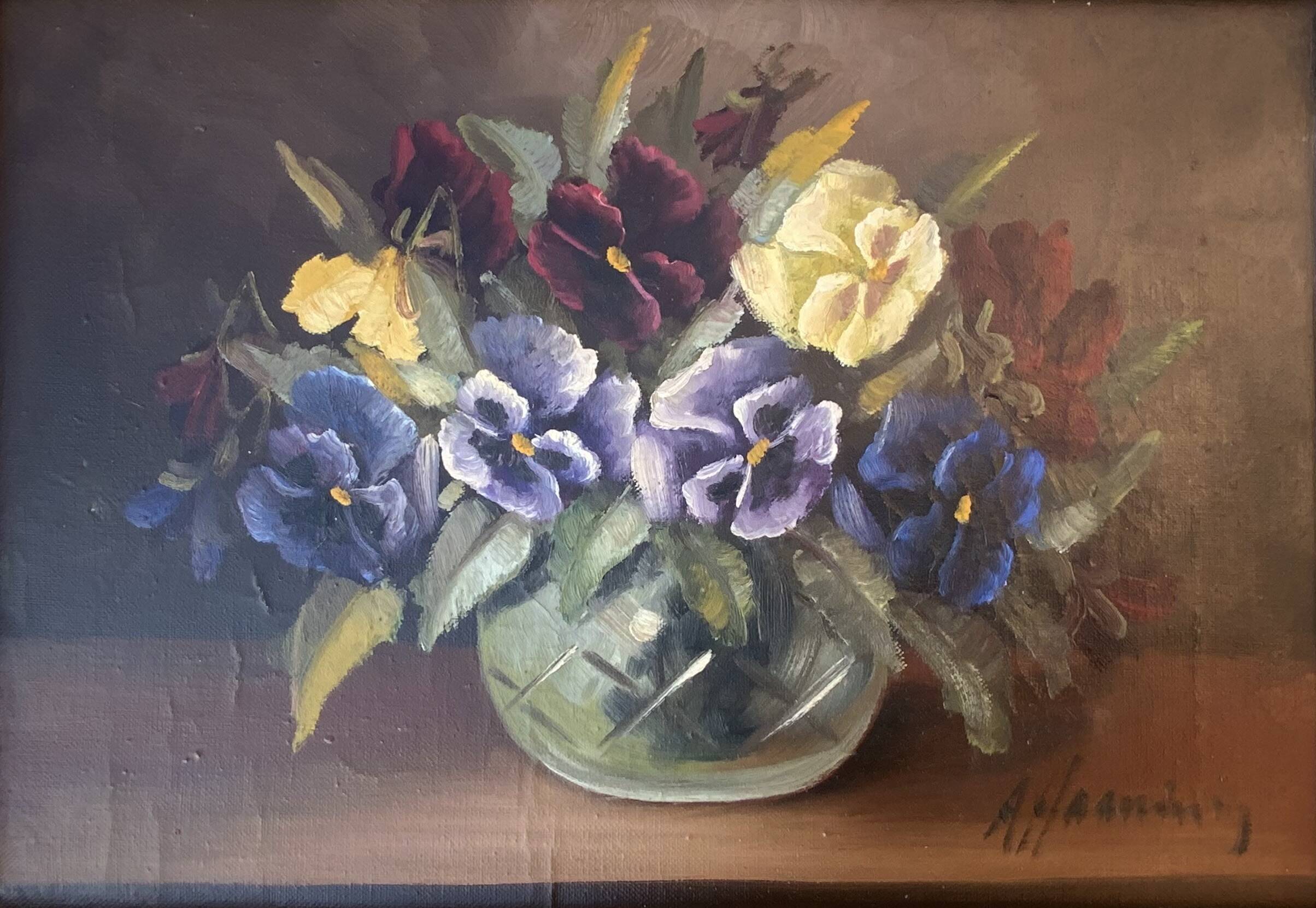 Vintage Art deco Still life with flowers Oil Paintingby A.Haaning, Denmark
