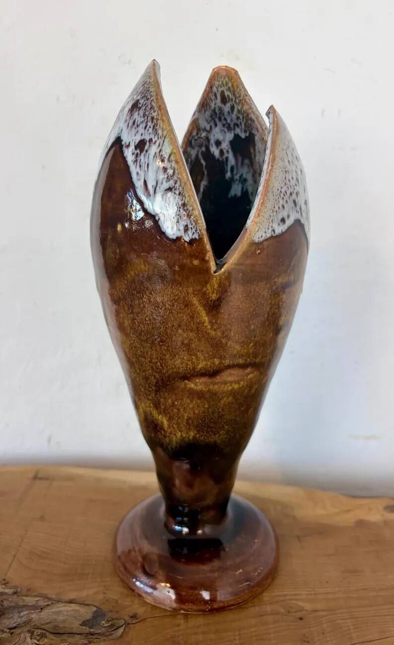 Vintage Mid-Century Modern Studio Pottery Tulip Lotus Bud Pedestal Vase - Earthen Brown & White Glaze