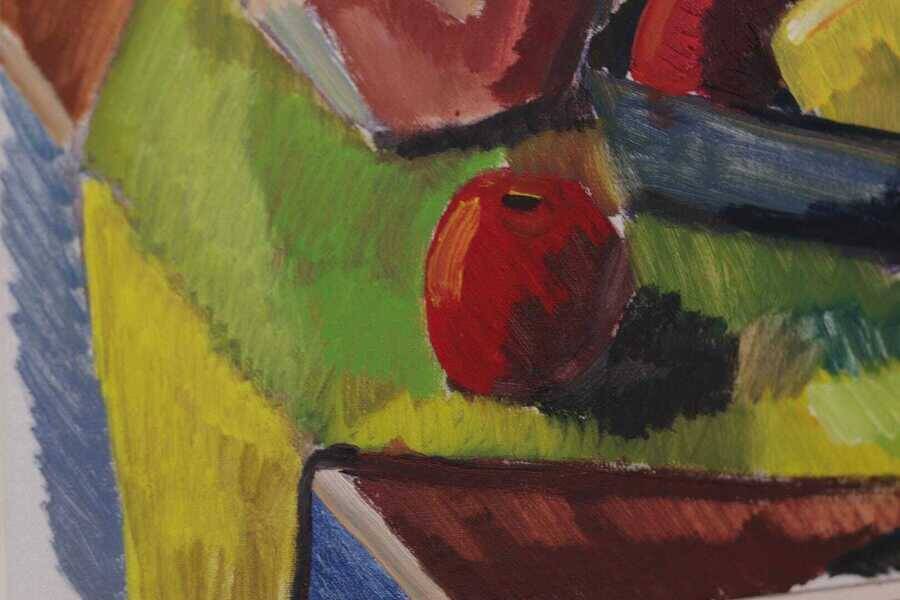 Original mid-century Swedish oil on canvas – “Kubisk Jug and Fruit” by Bror Göransson – vintage & framed – 75 × 58 cm (29.5" × 22.8")