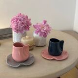 Set of mugs and cups, water lily, handmade ceramic, pop, petrol blue