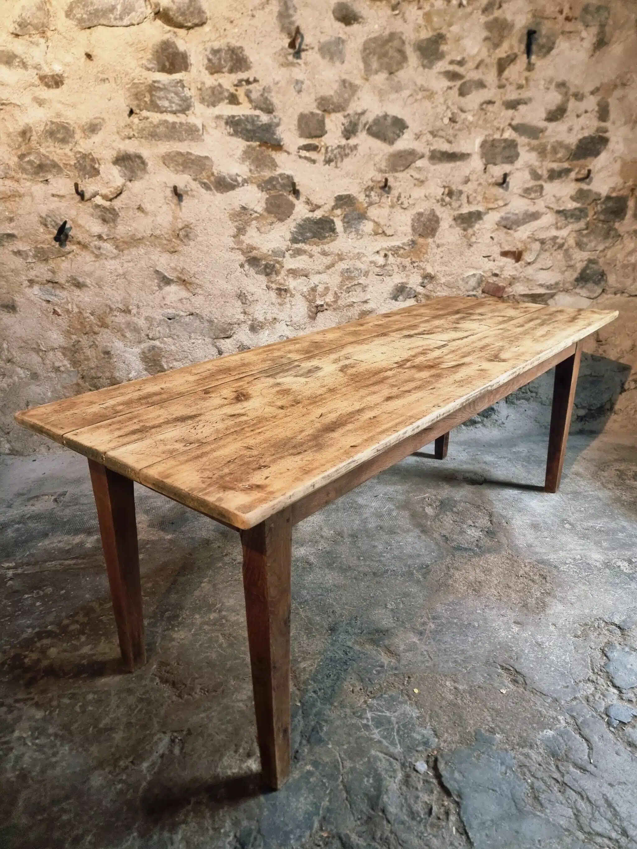 Antique French country dining table – Oak base and pine top, circa 1900