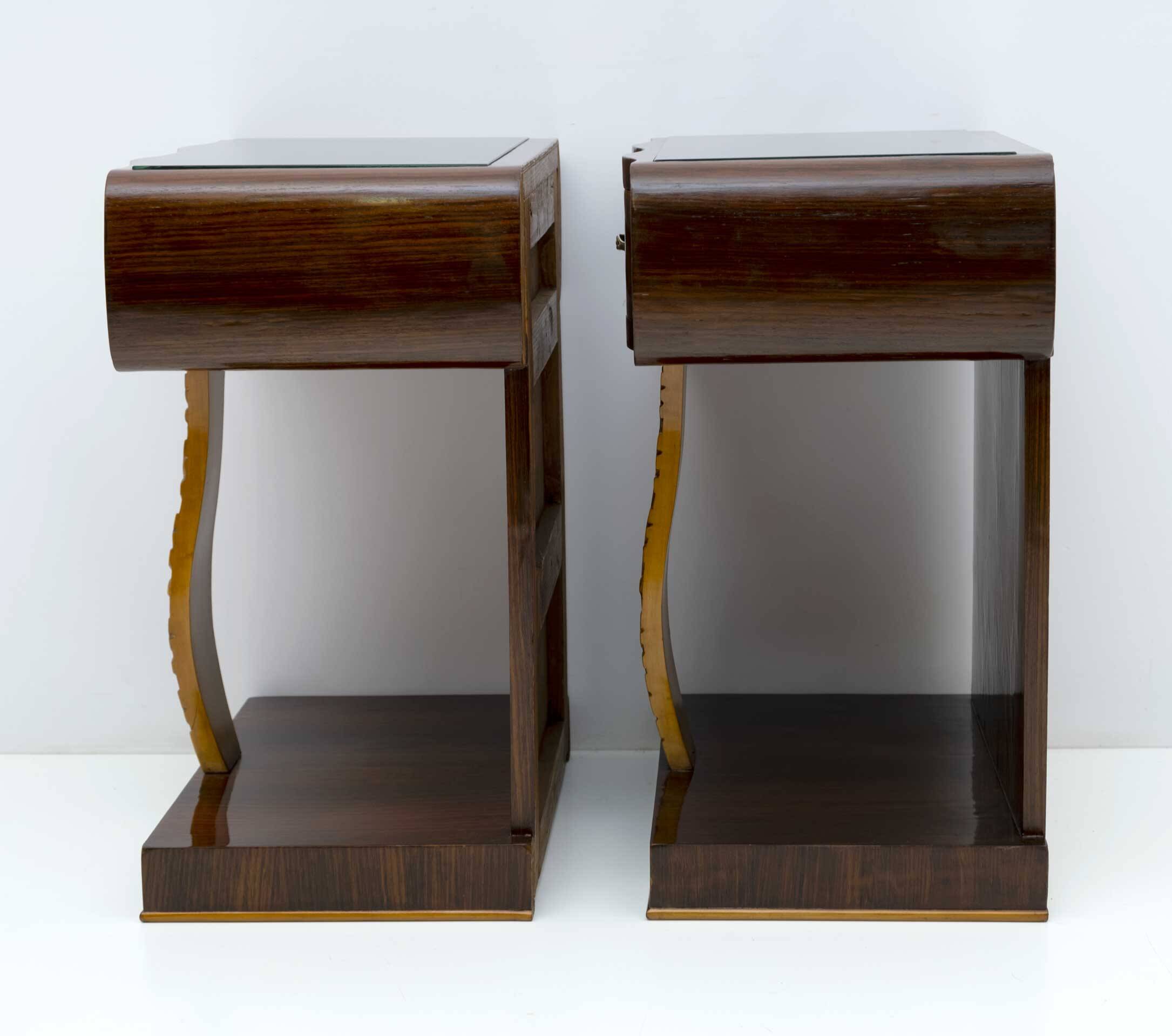 Pair of Art Deco Italian Walnut Briar and Maple Bedside Tables, 1920s