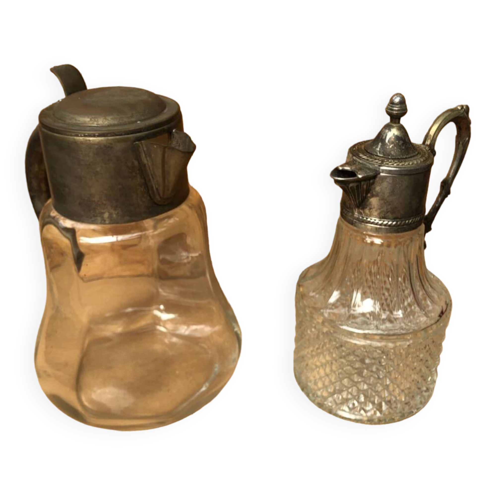 Pair of cast glass & vintage metal refresher pitcher