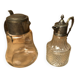 Pair of cast glass & vintage metal refresher pitcher
