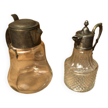 Paire pichet rafraîchissoir verre moulé & métal vintage