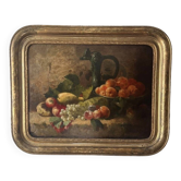 Nature morte aux fruits du XIXe siècle, huile sur toile et cadre doré à la feuille