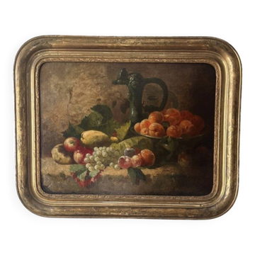 Nature morte aux fruits du XIXe siècle, huile sur toile et cadre doré à la feuille