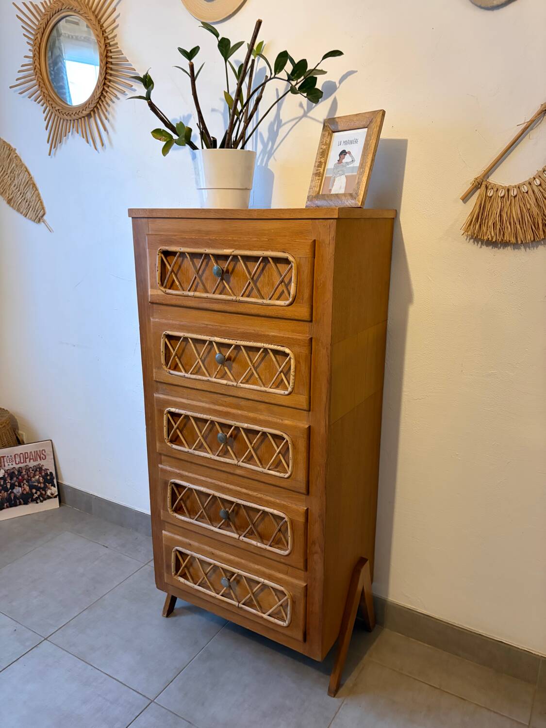 Vintage oak and rattan chest of drawers