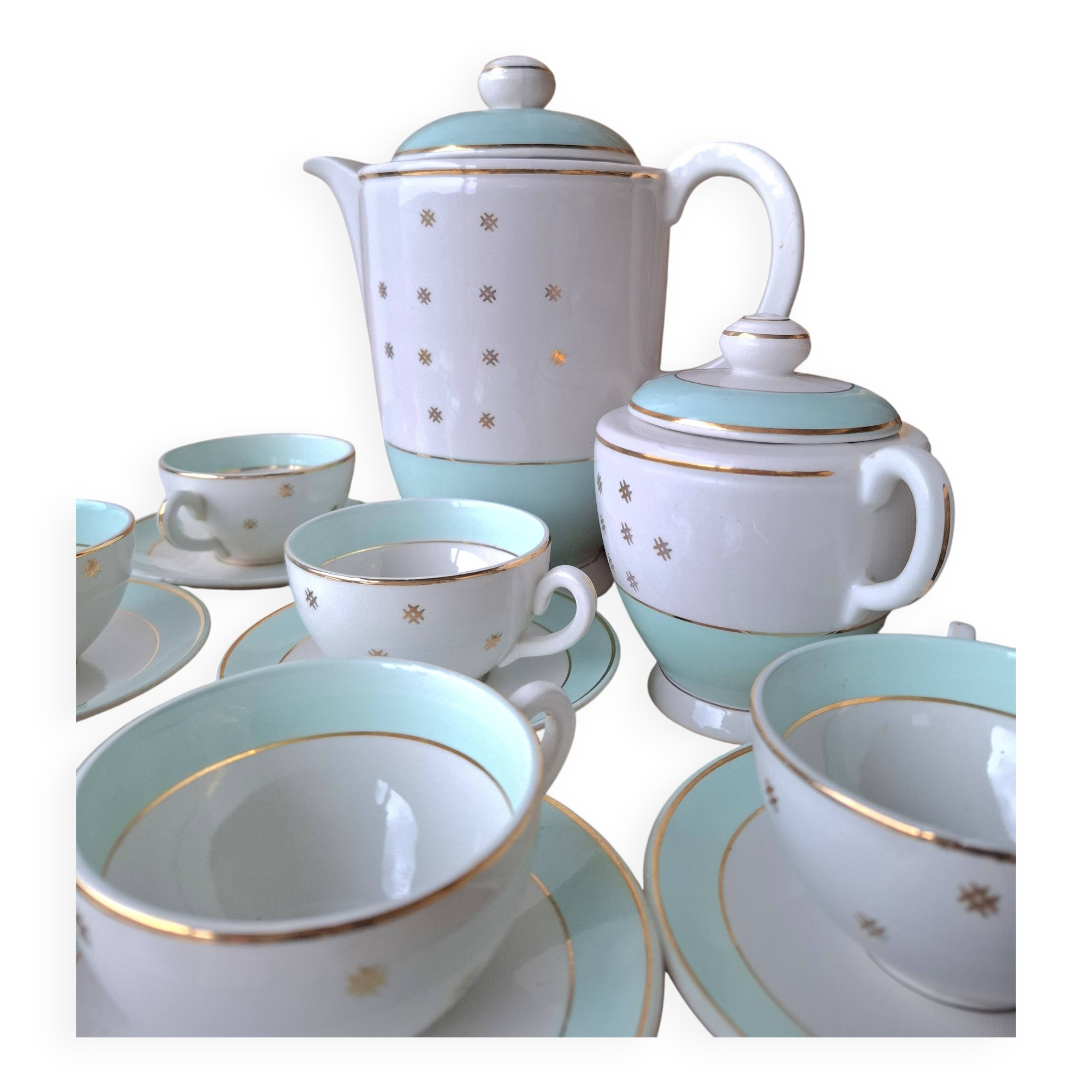 Vintage white and aqua tea service - gold trim - Luneville