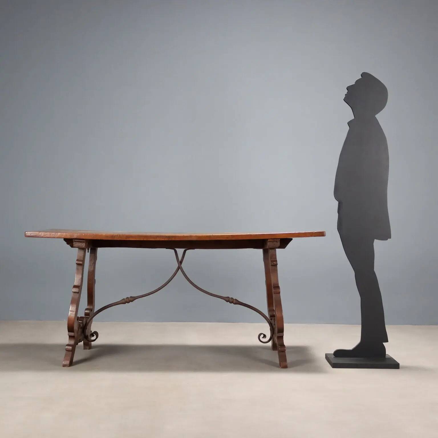 Old refectory table in walnut and wrought iron, Italy, 20th century