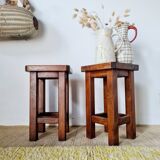 Pair of brutalist wooden stools, bedside tables.