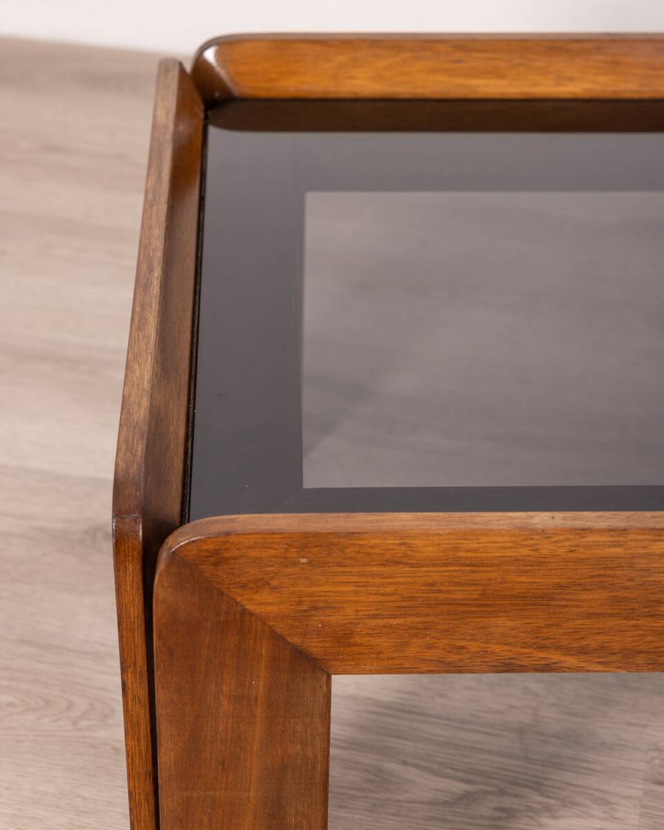 Table vintage années 70 en bois et verre design afra e tobia scarpa