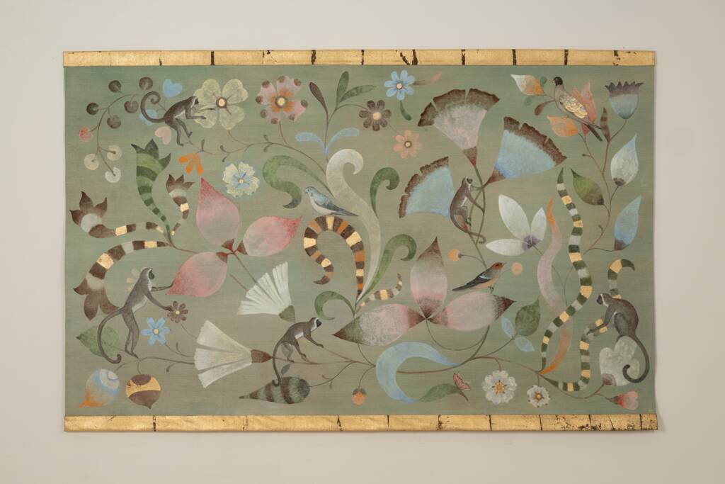 Canvas painted with a decor of lemurs, birds, and flowers. Contemporary.