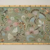 Canvas painted with a decor of lemurs, birds, and flowers. Contemporary.
