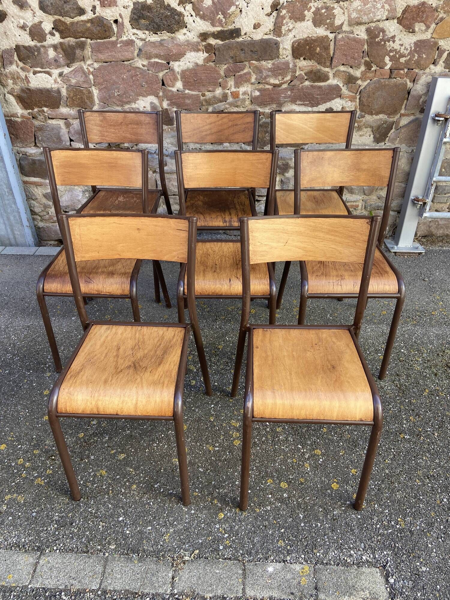 Set of 8 vintage industrial school chairs for communities mullca delagrave