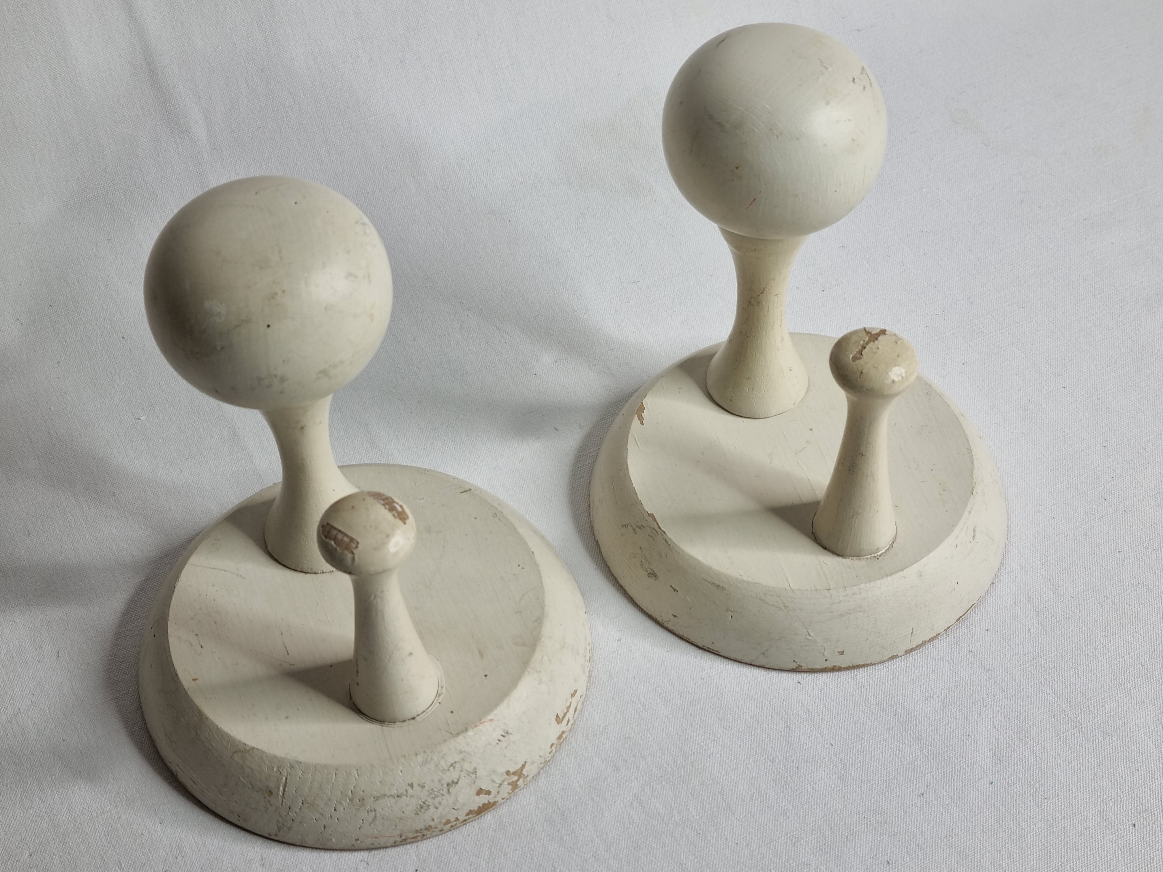 Pair of double hooks in white lacquered wood design, vintage