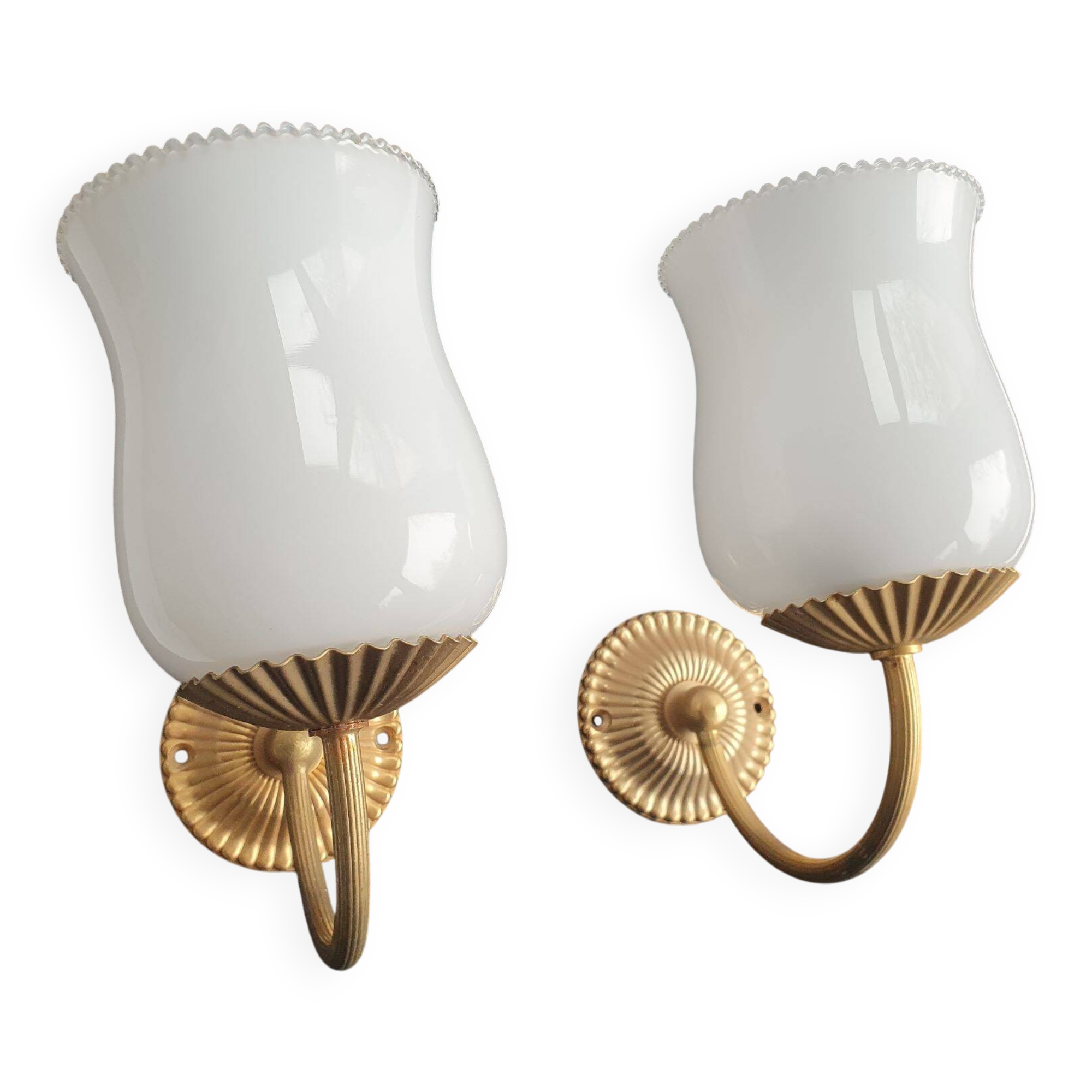 Pair of vintage gold-tone wall sconces with opaline glass globes