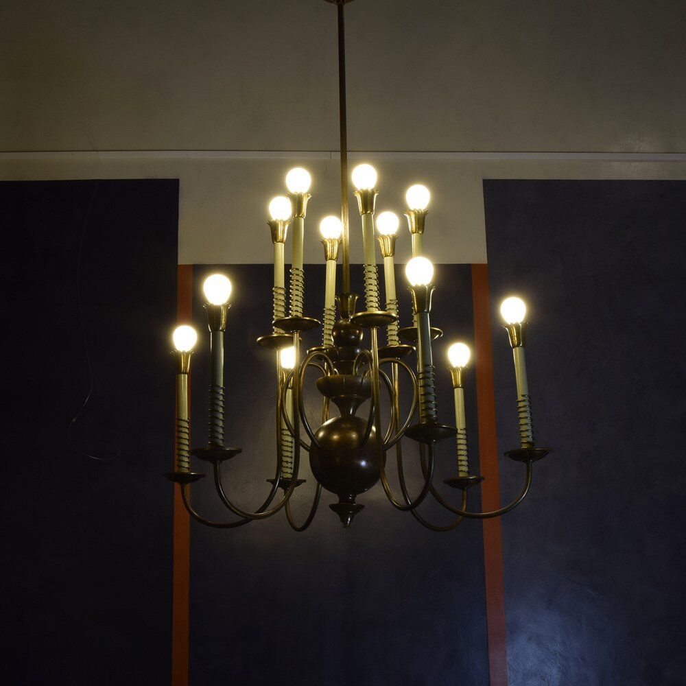 Chandelier with 12 lights in brass, Italy, 1950s