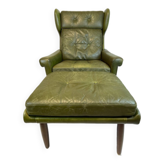 Vintage Wingback Lounge Chair By Svend Skipper, 1960’S green leather with hocker.