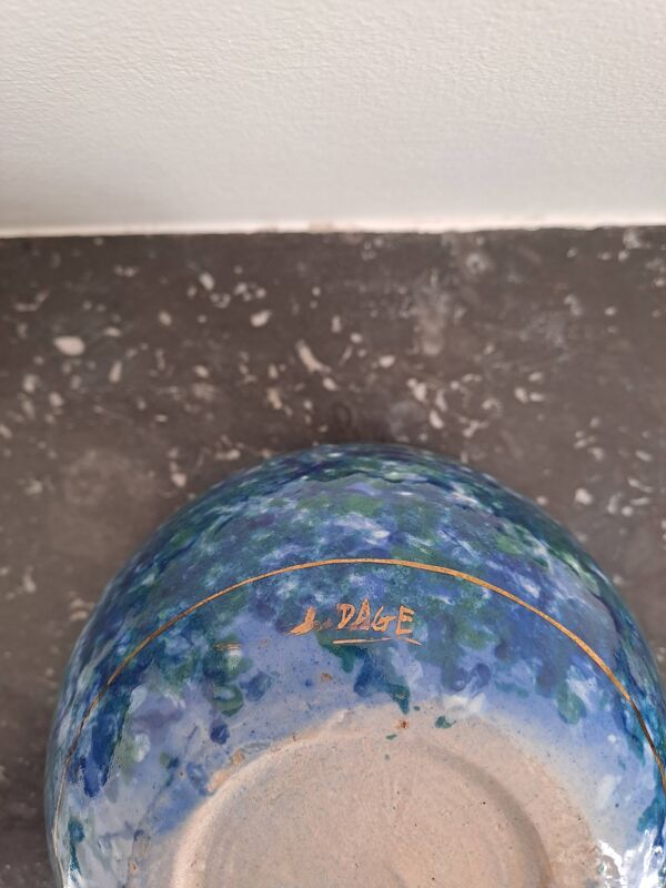 Vase signé Louis Dage années 20 ou années 30 effet marbré bleu vert et dorure
