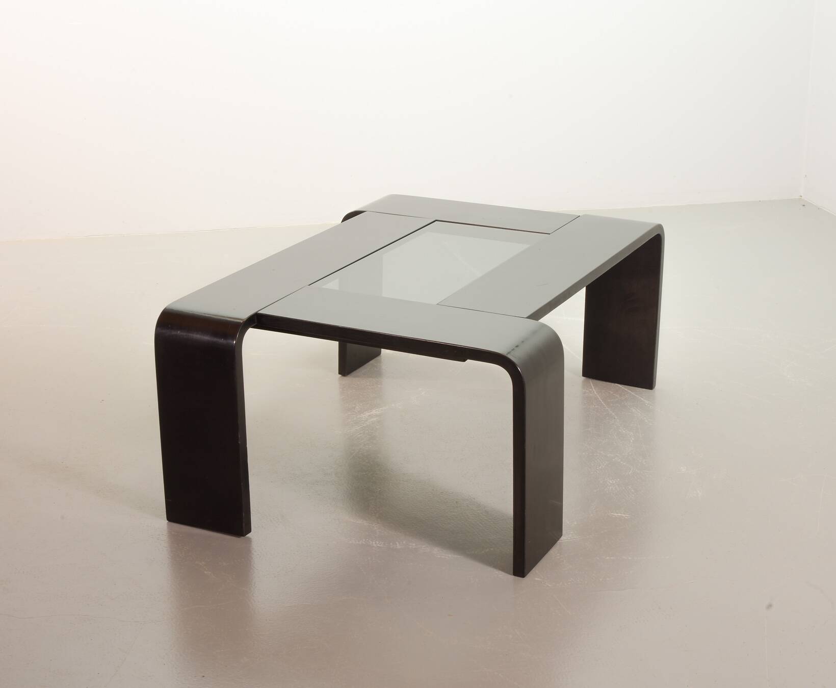 Rectangle Black Lacquered Plywood Coffee Table with Smoked Glass Panel 70s
