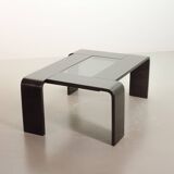 Rectangle Black Lacquered Plywood Coffee Table with Smoked Glass Panel 70s