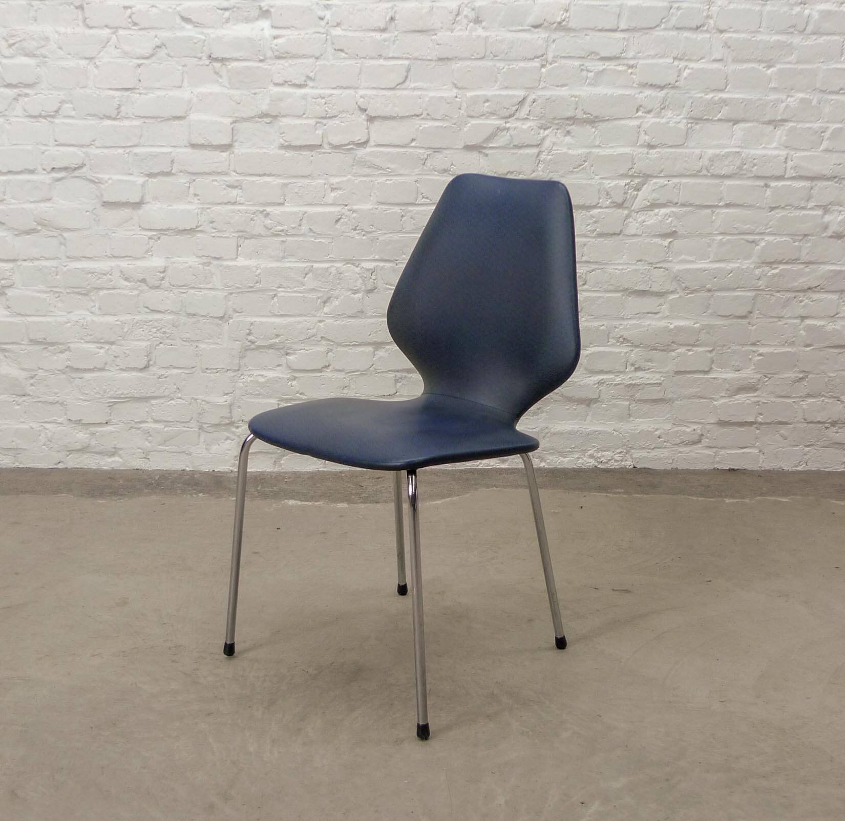 Set of Four Vintage Kitchen Chairs, Night Blue Leatherette with Chrome. 60s