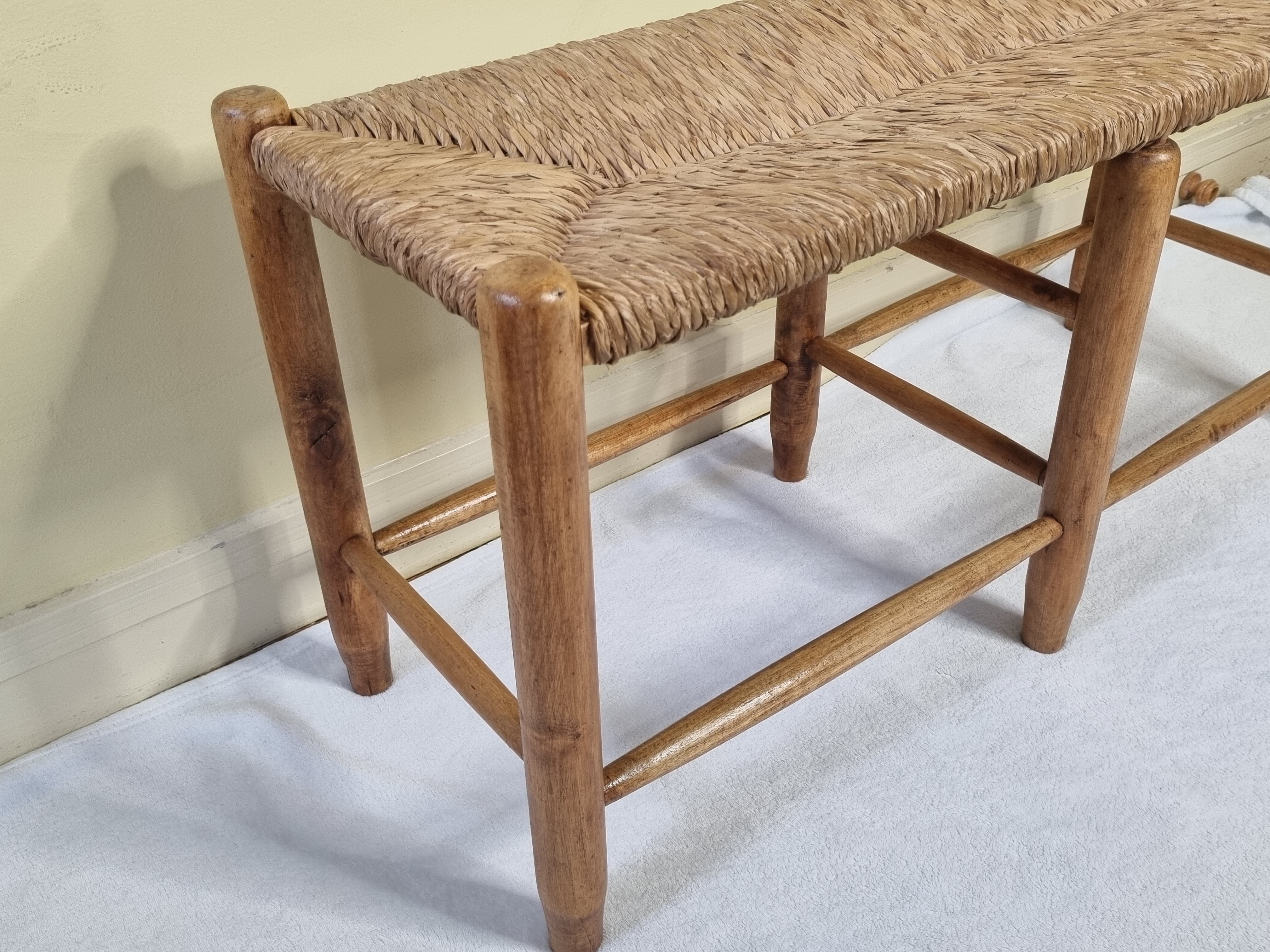 Wooden entrance bench and vintage straw 90 cm