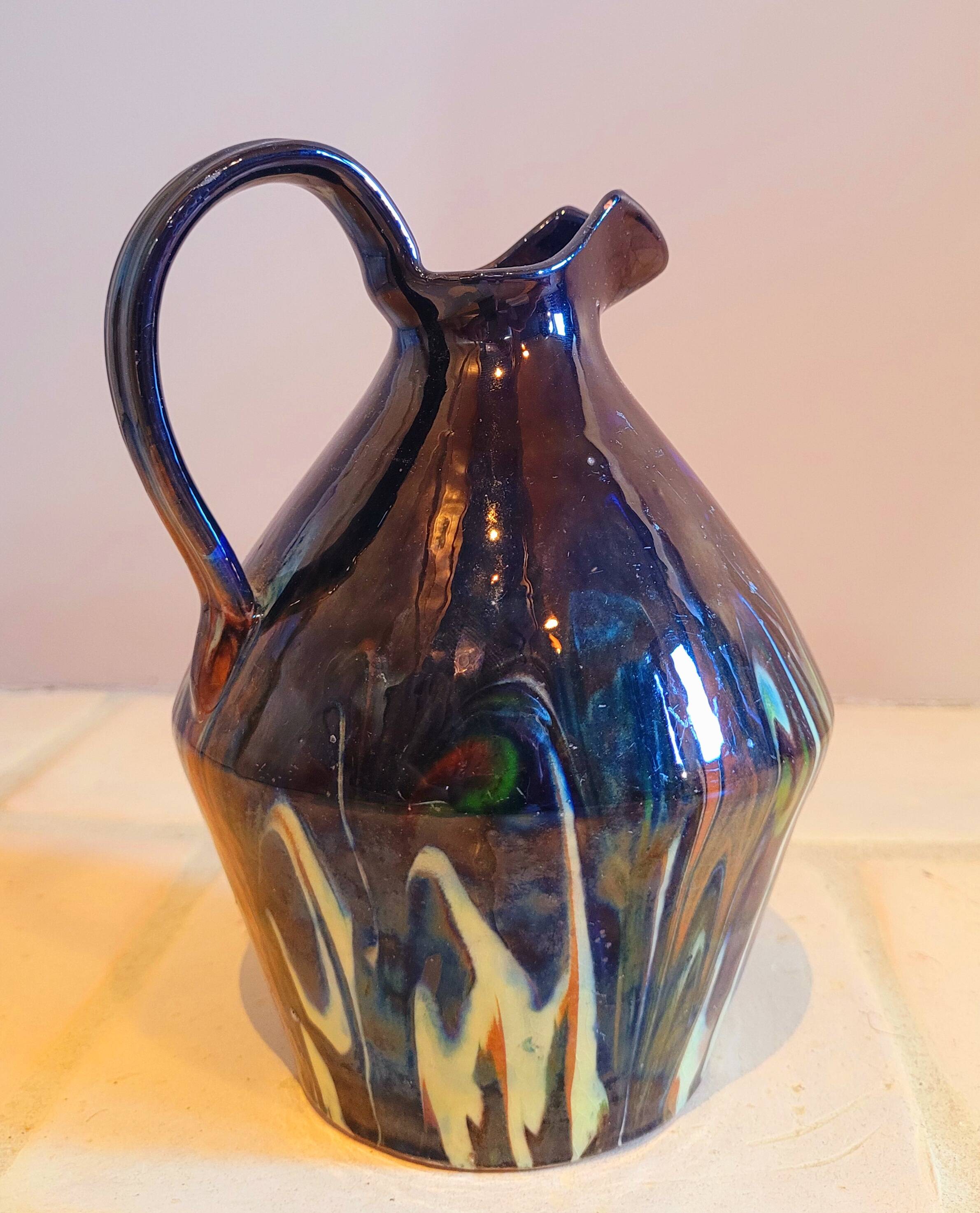 Antique pitcher carafe in midnight blue marbled ceramic