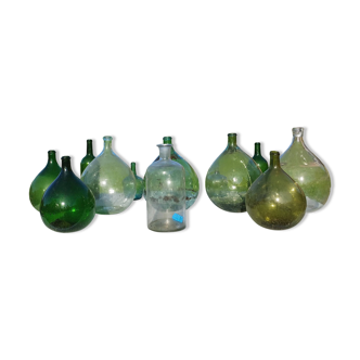 Lot of 13 Dame Jeanne, Bottles, Old Glass Flasks