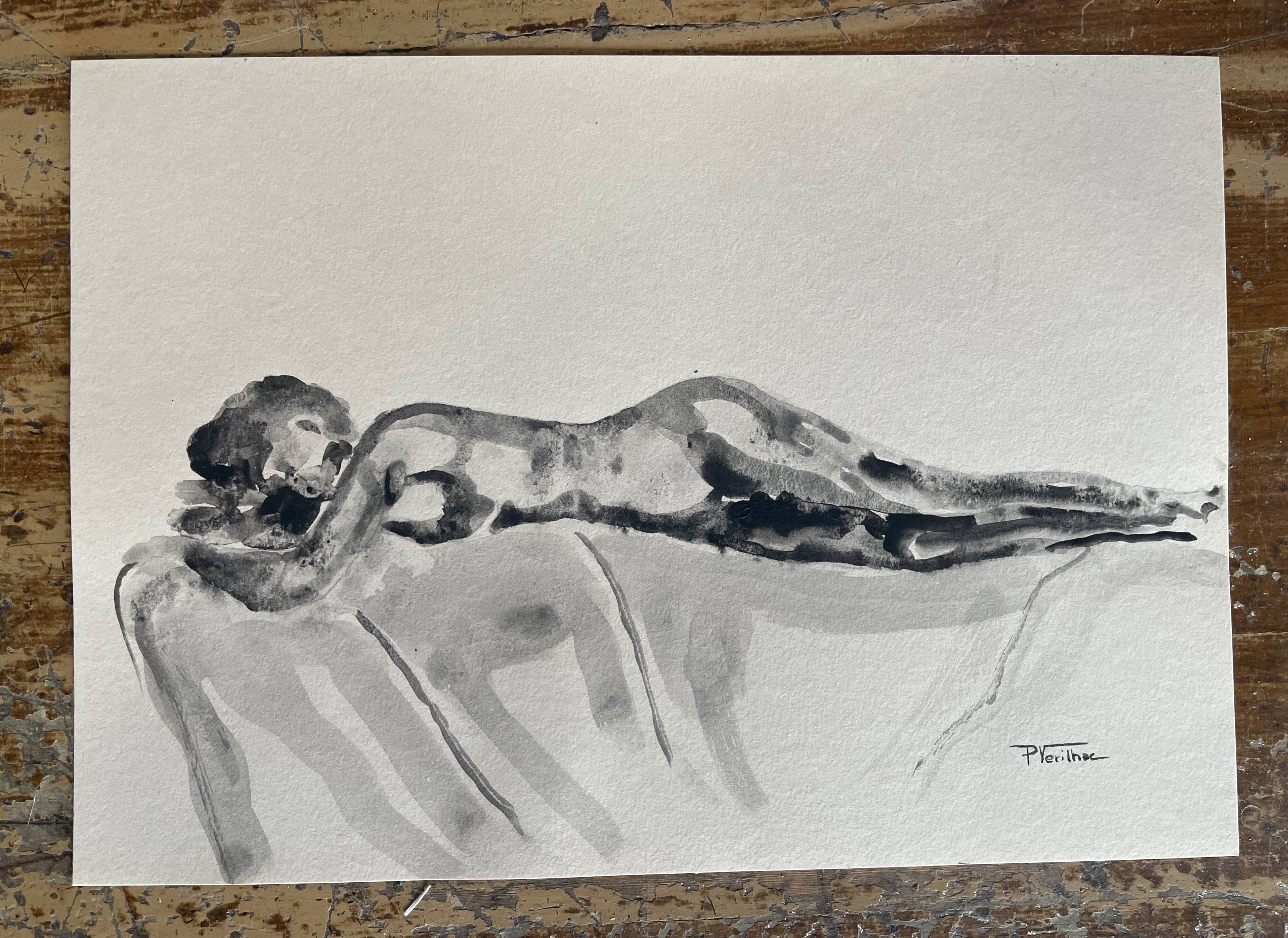 Black monochrome watercolor of a reclining woman signed