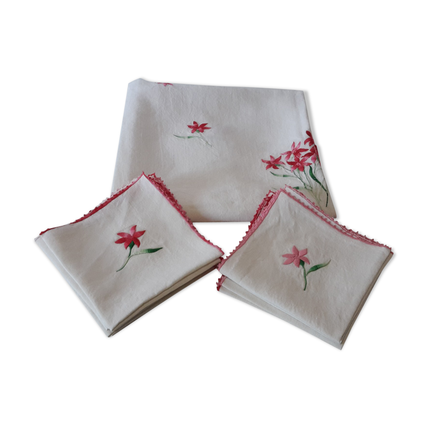 Nappe De Thé Vintage Années 60/70 Avec 6 Serviettes Brodées – Motif Tasses Et Théières – Beige Bleu Jaune