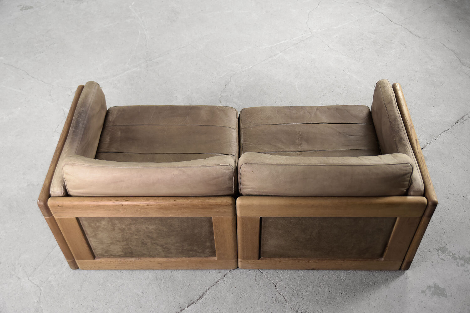 Vintage scandinavian mid-century modern leather and oak sofa, 1970s