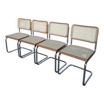 Set of 4 Cesca Chairs Marcel Breuer Design / Light Walnut Cane Chrome Dinin