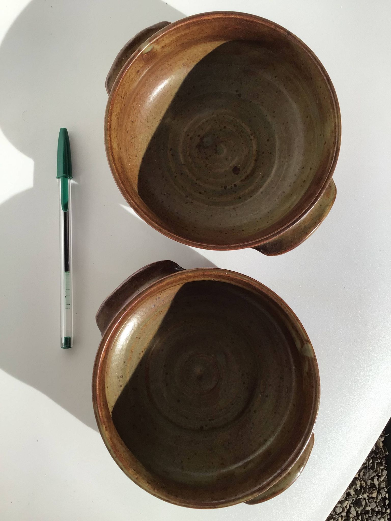 2 Handcrafted green-brown stoneware bowls signed
