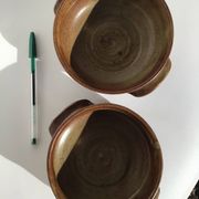 2 Handcrafted green-brown stoneware bowls signed