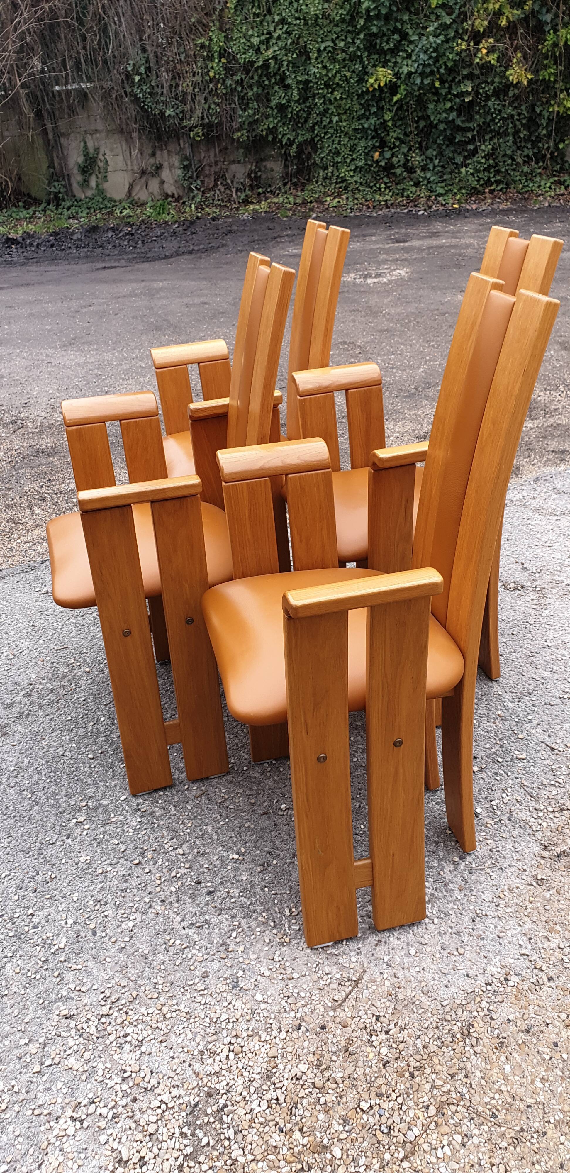 4 fauteuils de table design bois et cuir