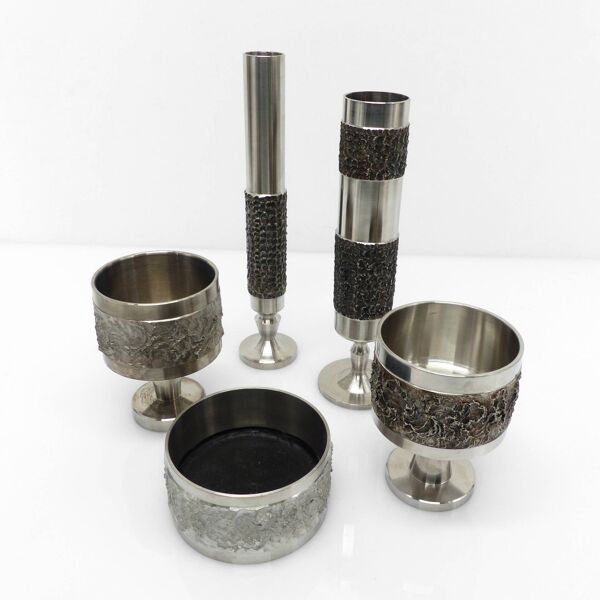 Set de 5 vases et coupes brutalistes en acier 1970