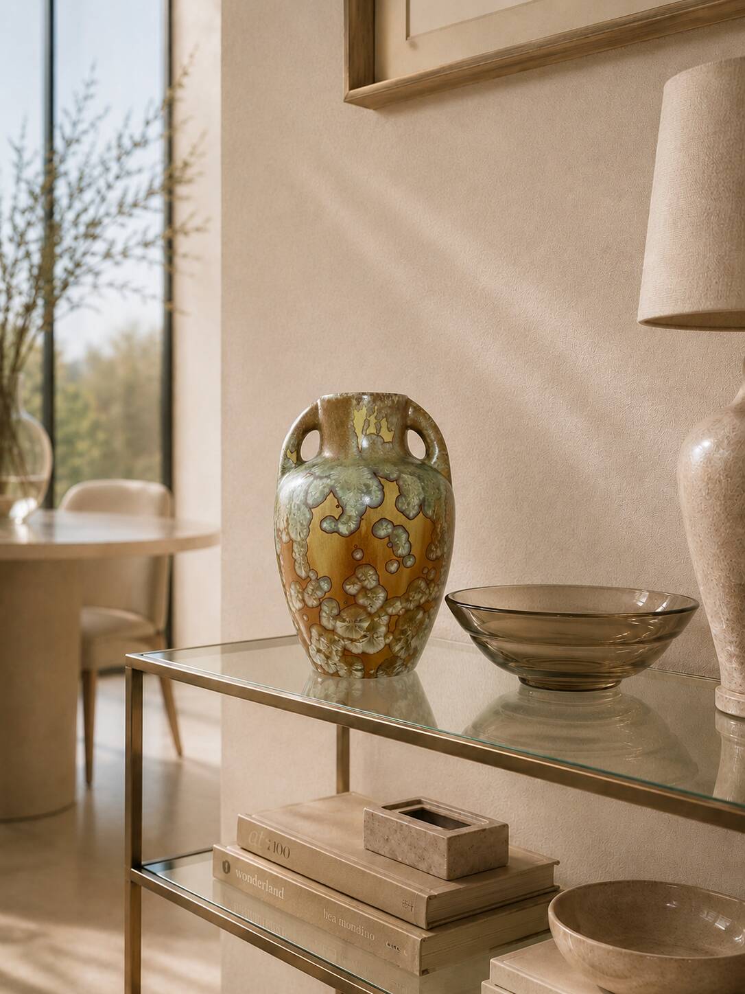 Iridescent crystal-glazed ceramic vase, with two handles, decorative piece.