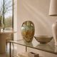 Iridescent crystal-glazed ceramic vase, with two handles, decorative piece.