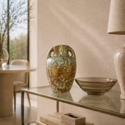 Vase en céramique à émail cristallisé irisé, deux anses, pièce décorative