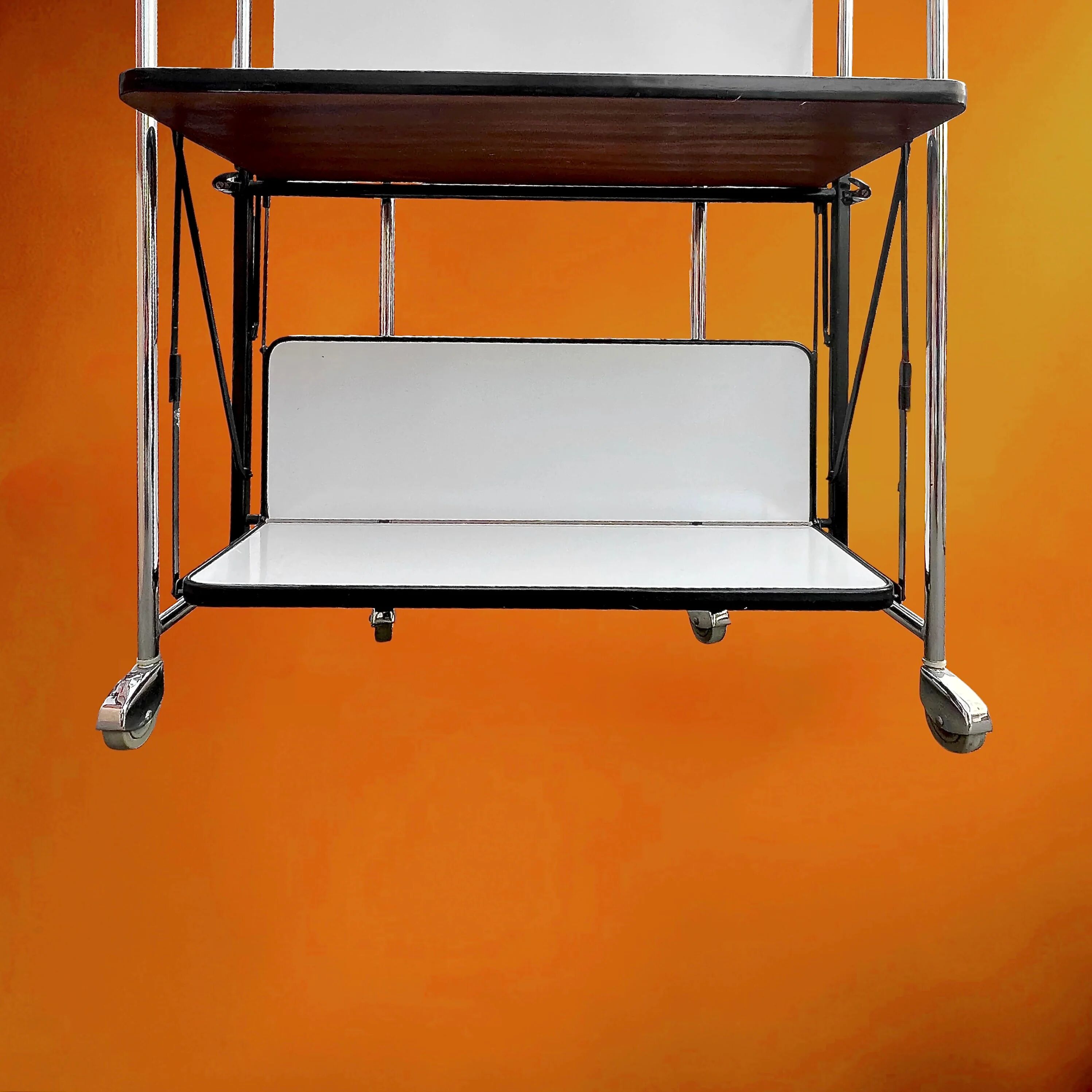 Folding rolling dessert trolley in white formica and chrome metal – 1950s-60s