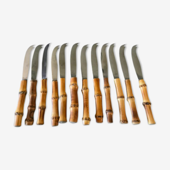 Ensemble de 12 couteaux vintage manche en bambou coutellerie b.j.b dans leur écrin