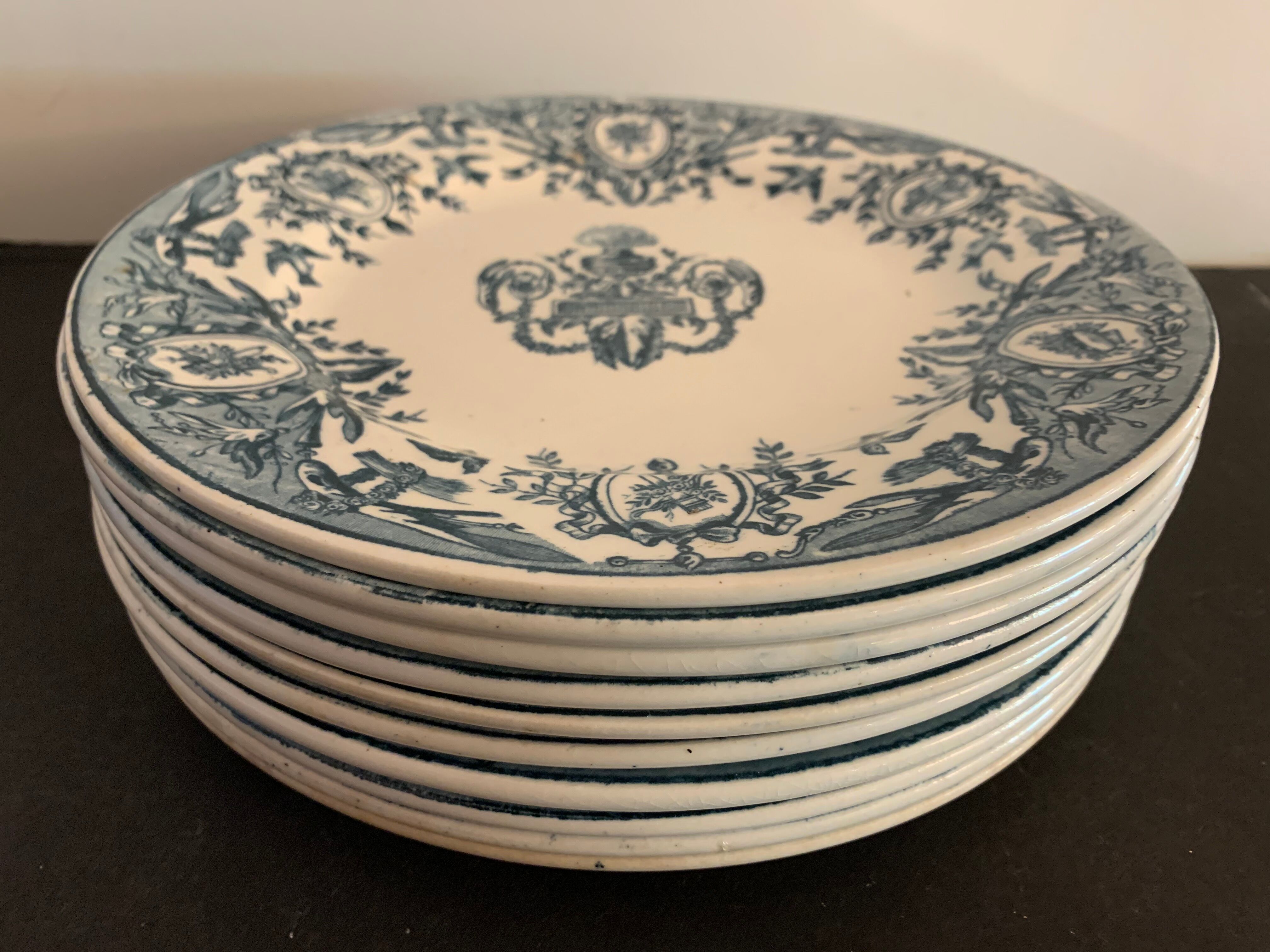 10 plates in old blue earthenware Terre de Fer Léon Graves model Louis XVI 20th century